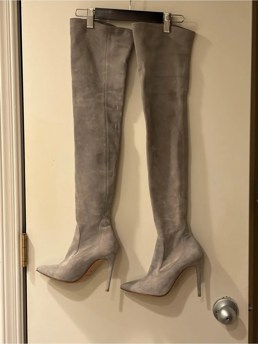 Ralph Lauren Gray Suede Over-the-Knee Pointed-Toe Stiletto Boots